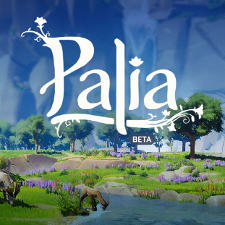 Palia in white fancy text with beta below. The background is a green natural landscape with deerlike animals drinking from a river.